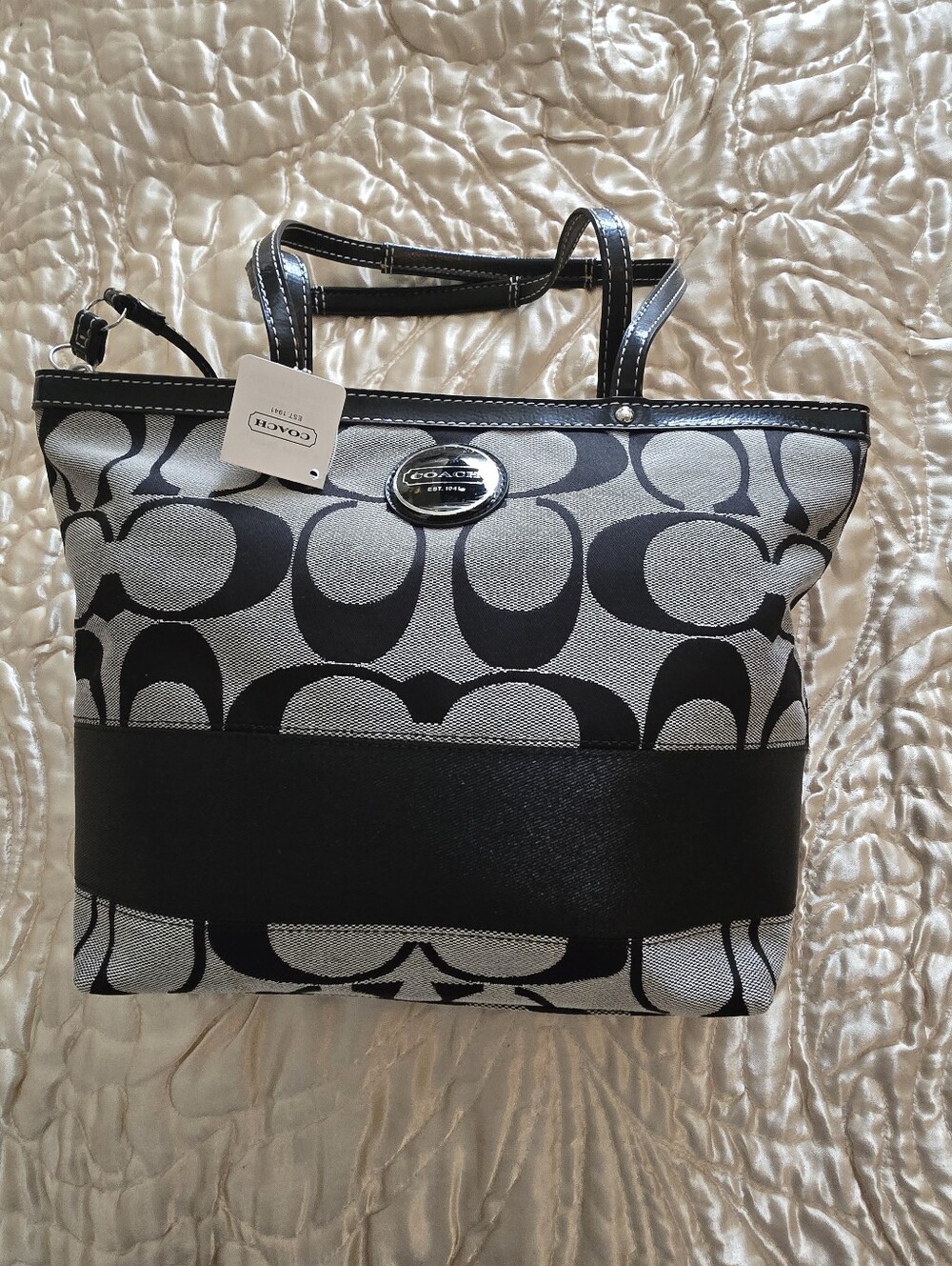 Coach Iconic Y2K-era Signature Stripe Tote Bag, Black and Gray Signature Canvas